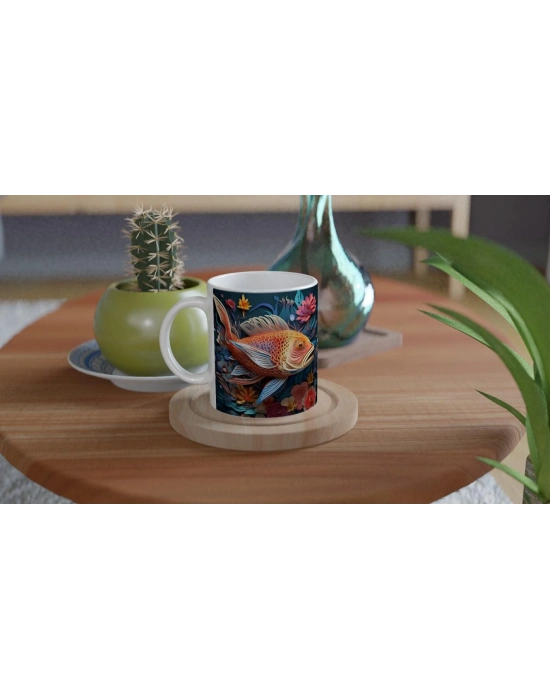 Koi Balığı ve Çiçek Desenli Baskılı Kupa Bardak