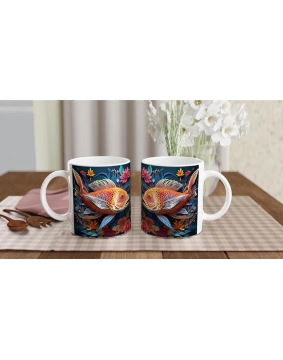 Koi Balığı ve Çiçek Desenli Baskılı Kupa Bardak