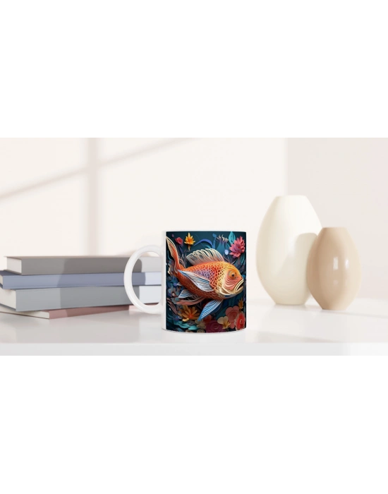 Koi Balığı ve Çiçek Desenli Baskılı Kupa Bardak