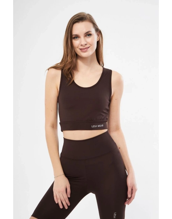 Kolsuz Sporcu Baskılı Crop - Kahve