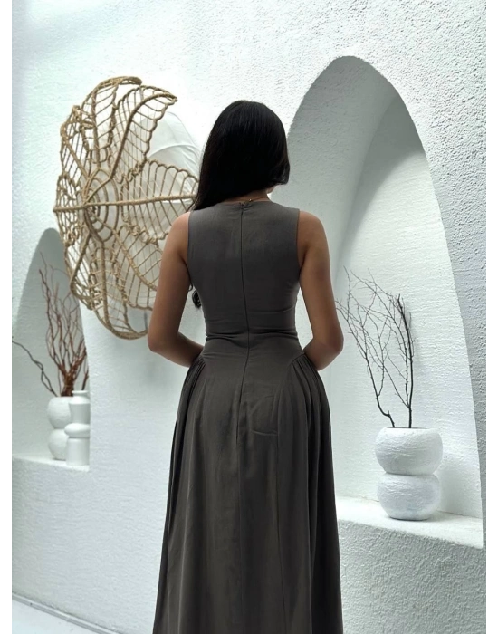 Kolsuz Uzun Kabardin Elbise - Gri -