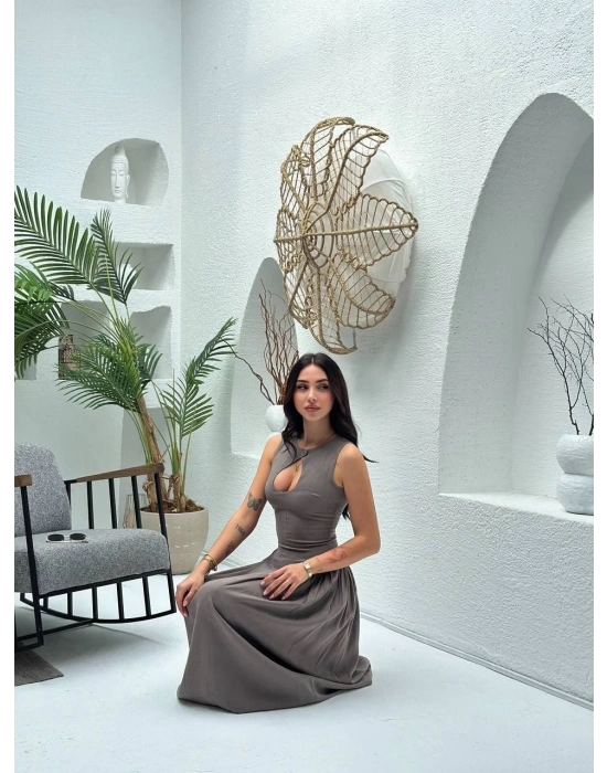 Kolsuz Uzun Kabardin Elbise - Gri -