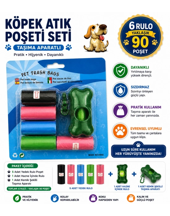 Köpek Dışkı Poşeti 6 rulo + Taşıma Aparatı Hediyeli ( 90 poşet - 6 rulo )