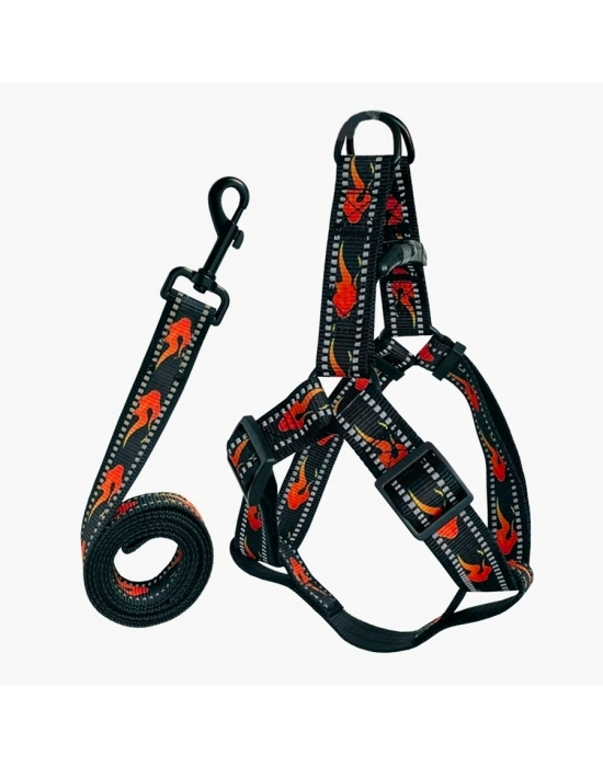 Köpek Göğüs Tasma Seti Reflektörlü Alev Desenli 120 cm-48 cm-70 cm Siyah