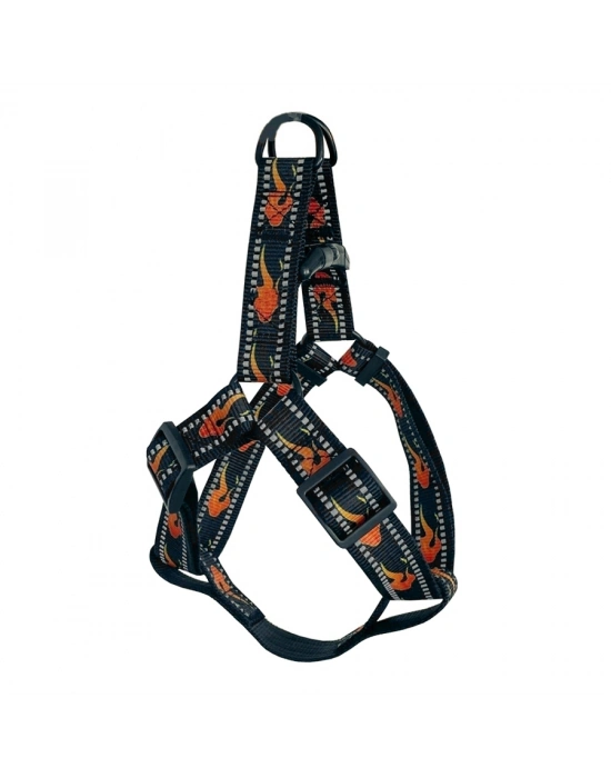 Köpek Göğüs Tasma Seti Reflektörlü Alev Desenli 120 cm-48 cm-70 cm Siyah
