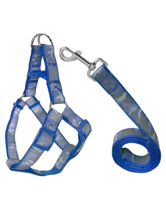 Köpek Göğüs Tasma Seti Reflektörlü Kamuflaj Desenli 120 cm-40 cm-56 cm Mavi