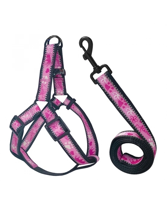 Köpek Göğüs Tasma Seti Reflektörlü Taç Desenli 120 cm-50 cm-70 cm Pembe