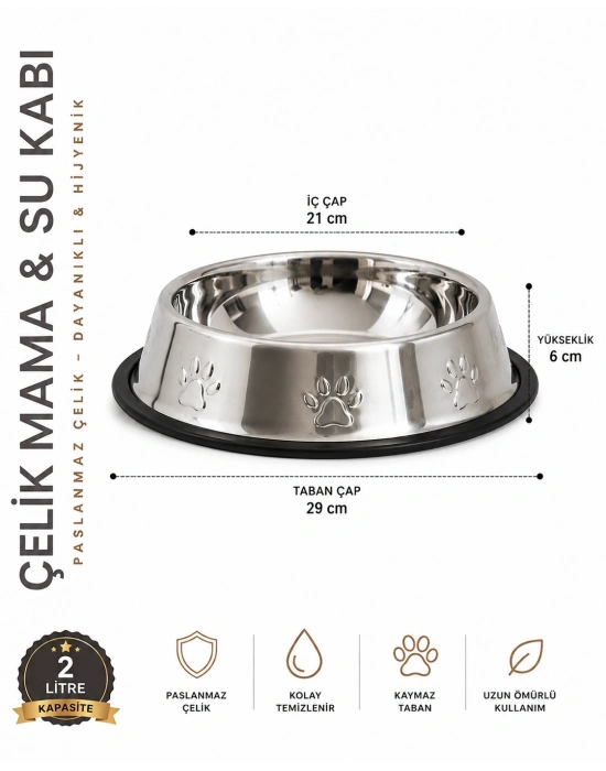 Köpekler İçin Pati Desenli Çelik Mama Su Kabı 30 Cm - 64 Oz - 2 LT