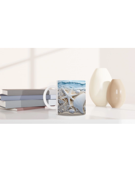 Köpüklü Dalga Kıyısında Deniz Yıldızlı Su Altı Temalı Kupa Bardak