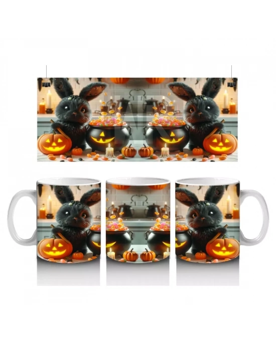 Korkmuş Kedi Figürlü Cadı Kostümlü Eğlenceli Cadılar Bayramı Baskılı Kupa Bardak