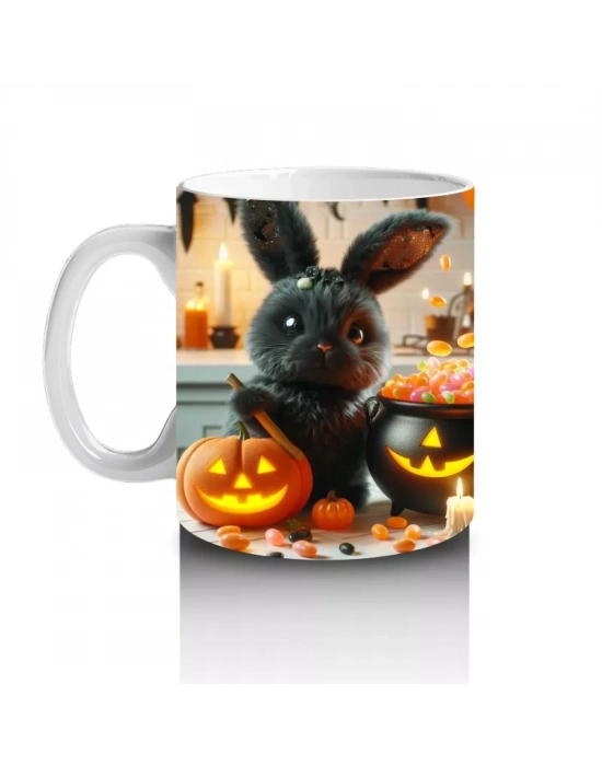 Korkmuş Kedi Figürlü Cadı Kostümlü Eğlenceli Cadılar Bayramı Baskılı Kupa Bardak