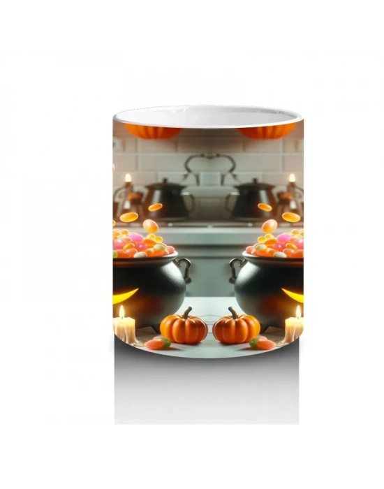 Korkmuş Kedi Figürlü Cadı Kostümlü Eğlenceli Cadılar Bayramı Baskılı Kupa Bardak