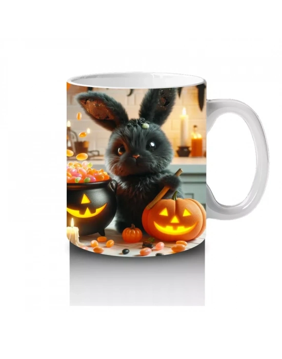 Korkmuş Kedi Figürlü Cadı Kostümlü Eğlenceli Cadılar Bayramı Baskılı Kupa Bardak