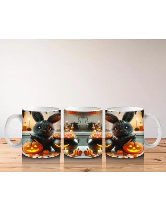 Korkmuş Kedi Figürlü Cadı Kostümlü Eğlenceli Cadılar Bayramı Baskılı Kupa Bardak