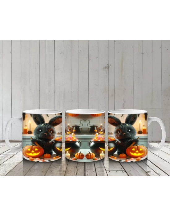 Korkmuş Kedi Figürlü Cadı Kostümlü Eğlenceli Cadılar Bayramı Baskılı Kupa Bardak