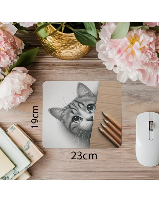 Köşeden Bakan Meraklı Kedi Mousepad - 19x23 cm 2 mm Dikdörtgen İthal Baskılı Mouse Pad