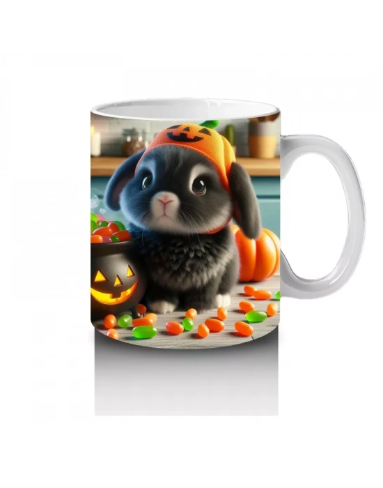 Kostümlü Hayvanlar ve Balkabaklarıyla Sevimli Cadılar Bayramı Baskılı Kupa