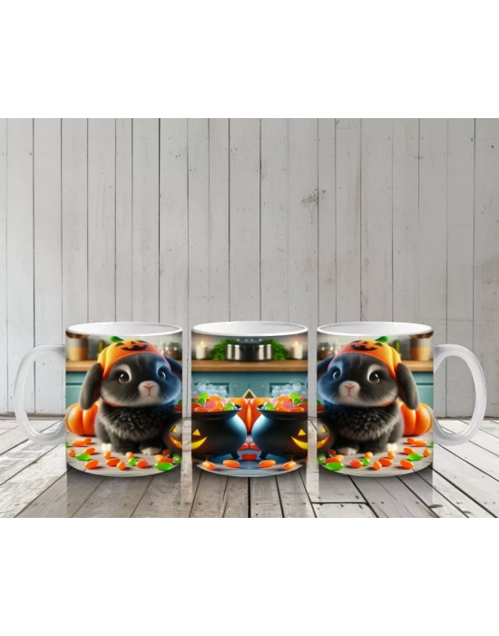 Kostümlü Hayvanlar ve Balkabaklarıyla Sevimli Cadılar Bayramı Baskılı Kupa