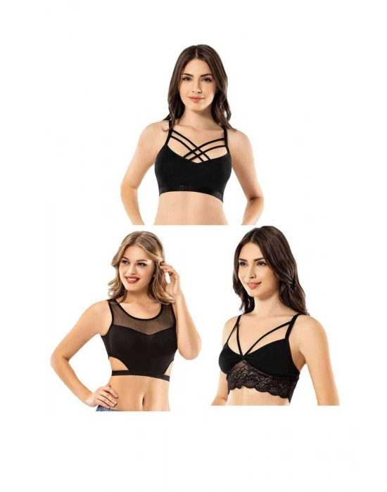 Kota 3 Adet Dantelli Çapraz İpli Tül Model Büstiyer