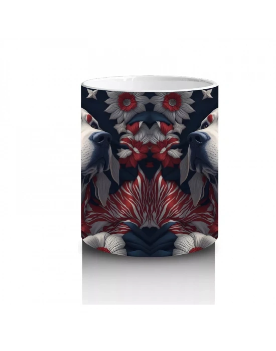 Koyu Çiçek Desenleri Önünde Zarif Köpekler – Baskılı Kahve Kupası