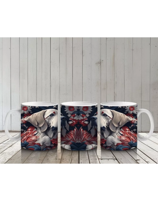 Koyu Çiçek Desenleri Önünde Zarif Köpekler – Baskılı Kahve Kupası