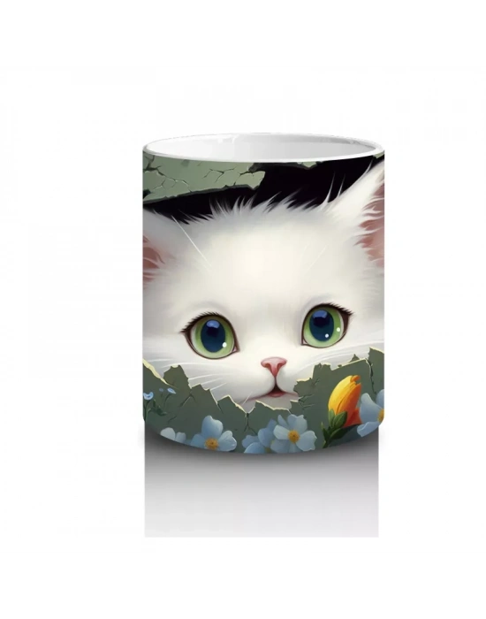 Koyu Fon Üzerinde Mavi Gözlü Sevimli Kedi – Baskılı Kahve Kupası