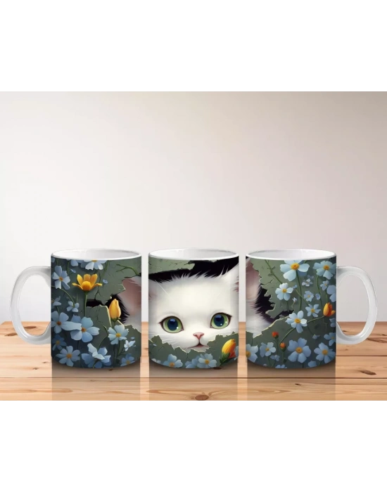 Koyu Fon Üzerinde Mavi Gözlü Sevimli Kedi – Baskılı Kahve Kupası