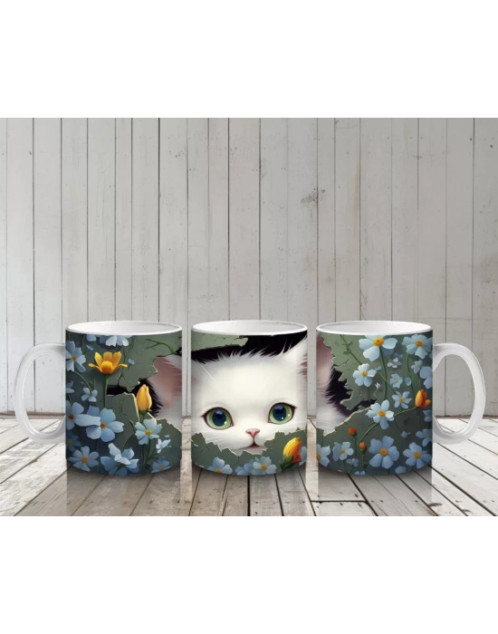 Koyu Fon Üzerinde Mavi Gözlü Sevimli Kedi – Baskılı Kahve Kupası