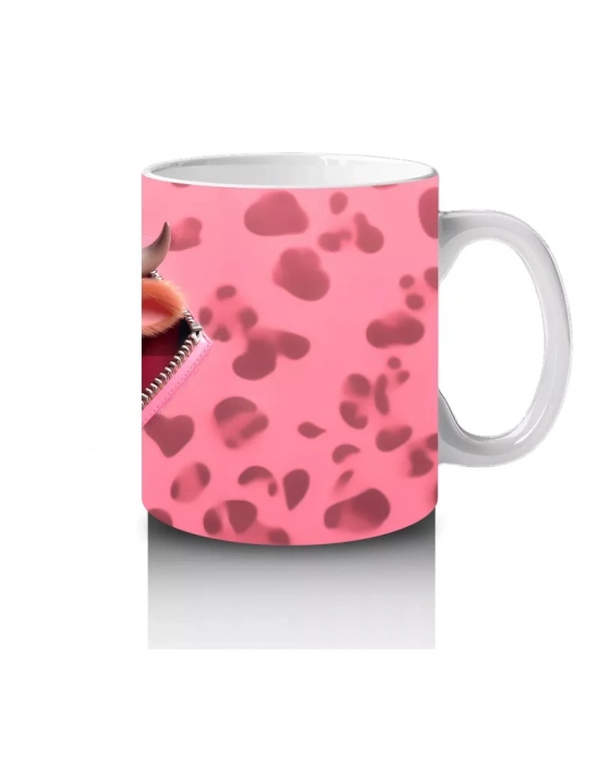 Koyu Pembe Desenli Zeminde Kalpli Boğa Figürü – Baskılı Kahve Kupası