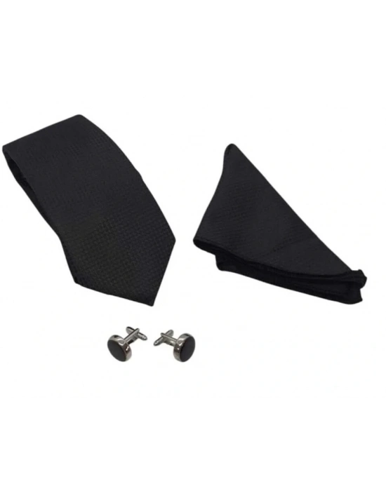 Kravat Düğme Set Siyah Desenli Kravat Mendil Kol Düğmesi Özel Set