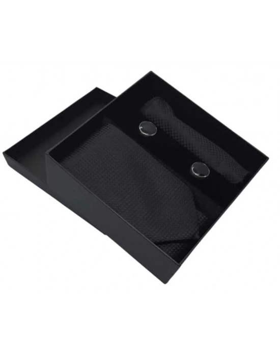 Kravat Düğme Set Siyah Desenli Kravat Mendil Kol Düğmesi Özel Set