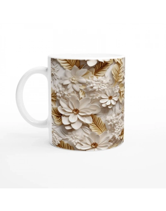 Krem Altın Yaprak Desenli Rölyef Kupa Bardak