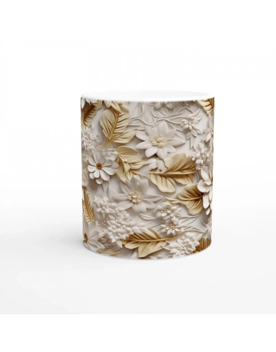 Krem Altın Yaprak Desenli Rölyef Kupa Bardak