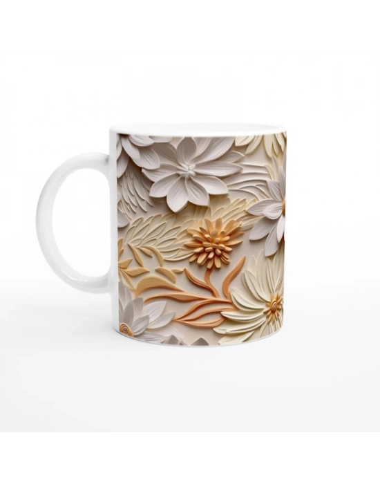 Krem Bahar Dokunuşlu Rölyef Kupa Bardak