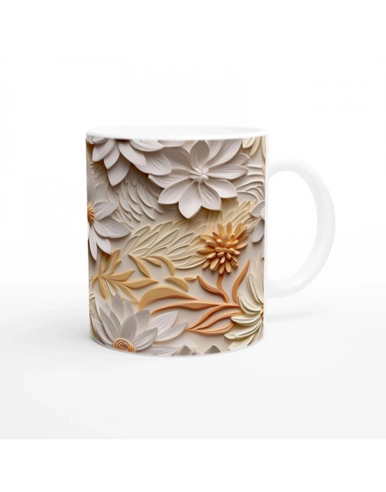 Krem Bahar Dokunuşlu Rölyef Kupa Bardak