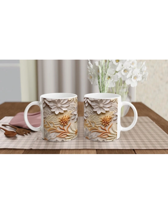 Krem Bahar Dokunuşlu Rölyef Kupa Bardak