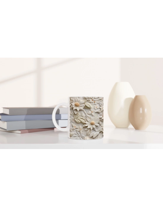 Krem Bahar Rölyef Desenli Kupa Bardak