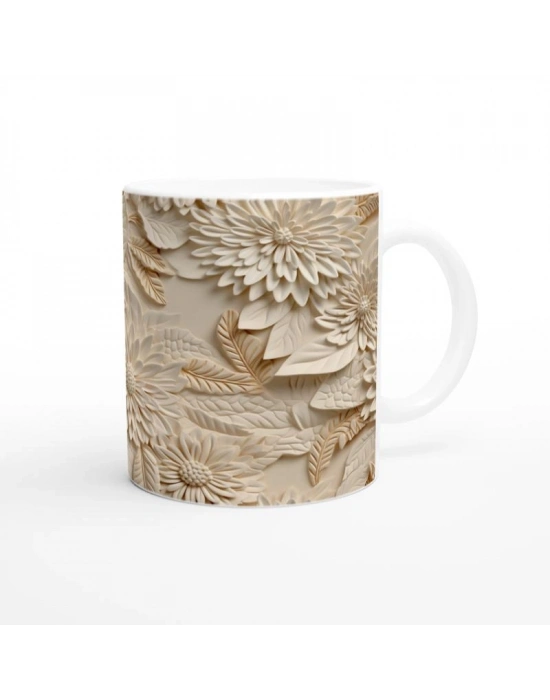 Krem Çiçek Dokulu Kupa Bardak