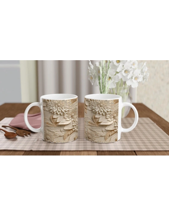 Krem Çiçek Dokulu Kupa Bardak