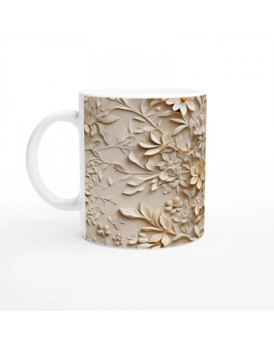 Krem Çiçek Rölyef Desenli Kupa Bardak