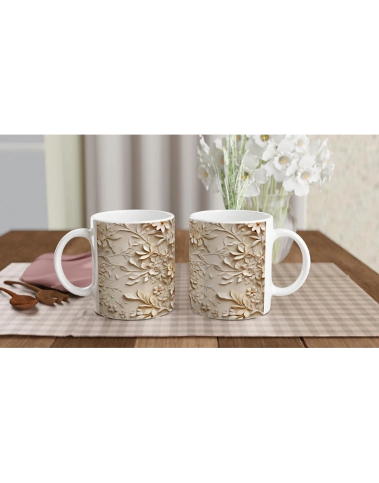 Krem Çiçek Rölyef Desenli Kupa Bardak