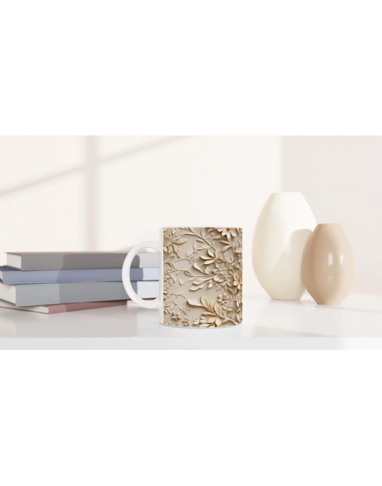 Krem Çiçek Rölyef Desenli Kupa Bardak