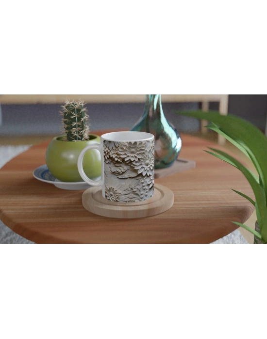 Krem Çiçek Rölyef Detaylı Kupa Bardak