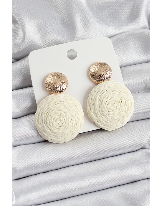 Krem Daire Figürlü Hasır Örgü Model Gold Renk Kadın Küpe