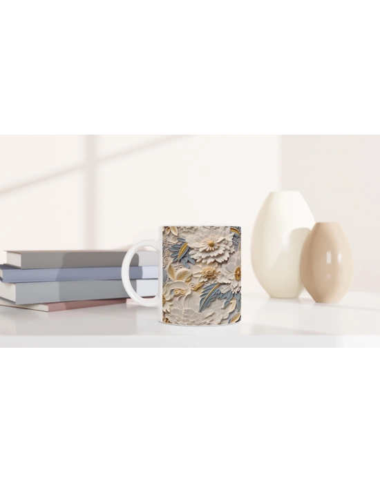 Krem Dalgalar Arasında Bahar Çiçekli Kupa Bardak