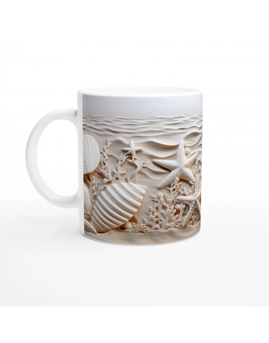 Krem Dalgalar ve Deniz Yıldızlarıyla Su Altı Temalı Kupa Bardak