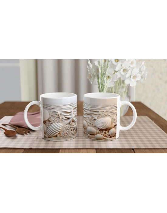 Krem Dalgalar ve Deniz Yıldızlarıyla Su Altı Temalı Kupa Bardak