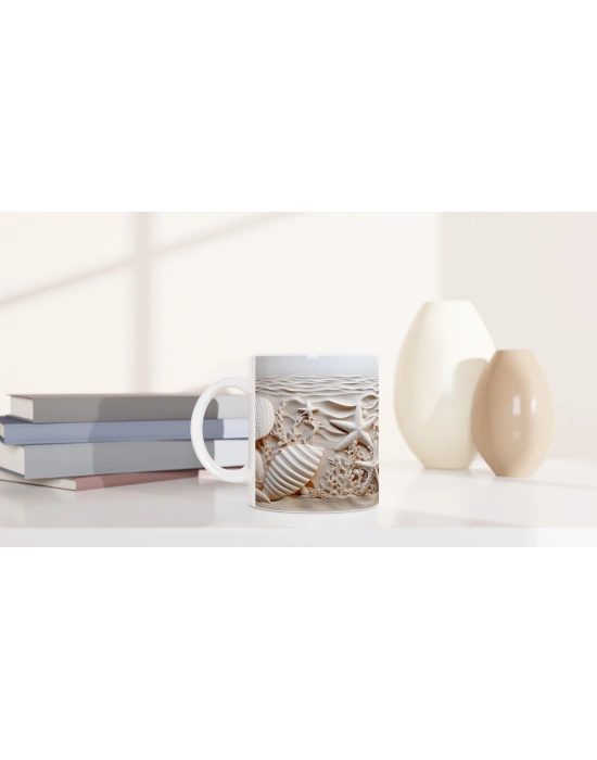 Krem Dalgalar ve Deniz Yıldızlarıyla Su Altı Temalı Kupa Bardak