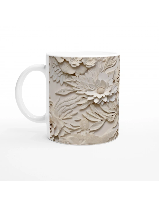 Krem Gül ve Papatya Desenli Kupa Bardak