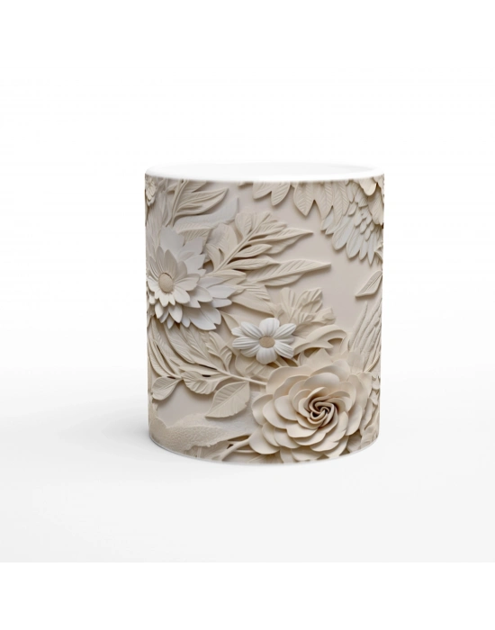 Krem Gül ve Papatya Desenli Kupa Bardak